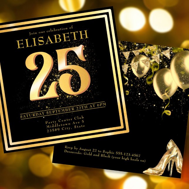 Elegant 25. Gold Black Birthday Einladung (Elegant 25th Gold Black Birthday Invitation.)