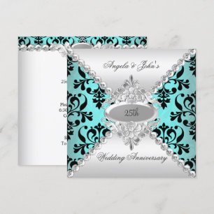 Elegant 25. Hochzeitstag Aquamarin Blue Damask Einladung