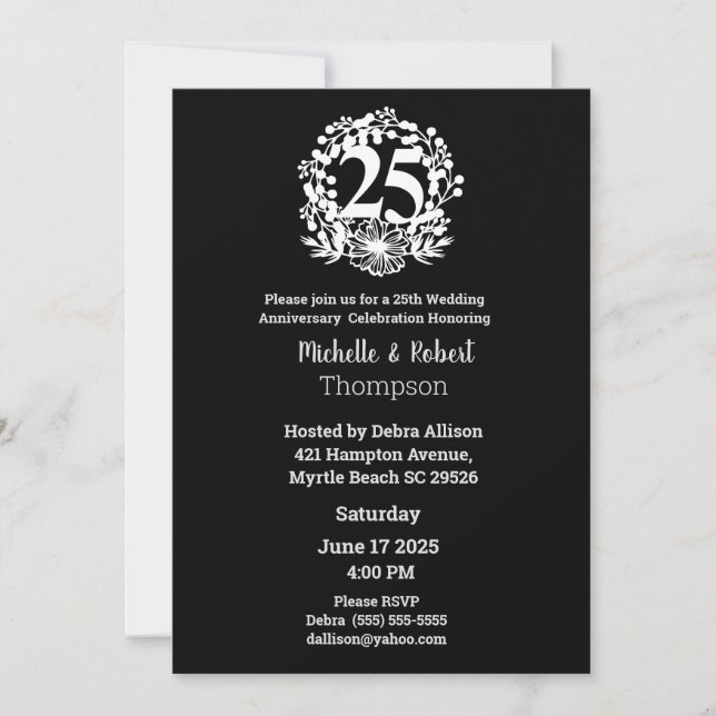 Elegant 25. Hochzeitstag Schwarz-weiß Einladung (Vorderseite)