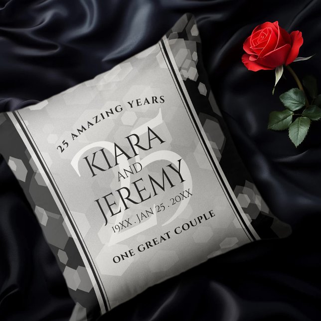 Elegant 25. Silberhochzeit Kissen (EO 25th Wedding Anniversary Throw Pillow on Black Silk Cover Photo)