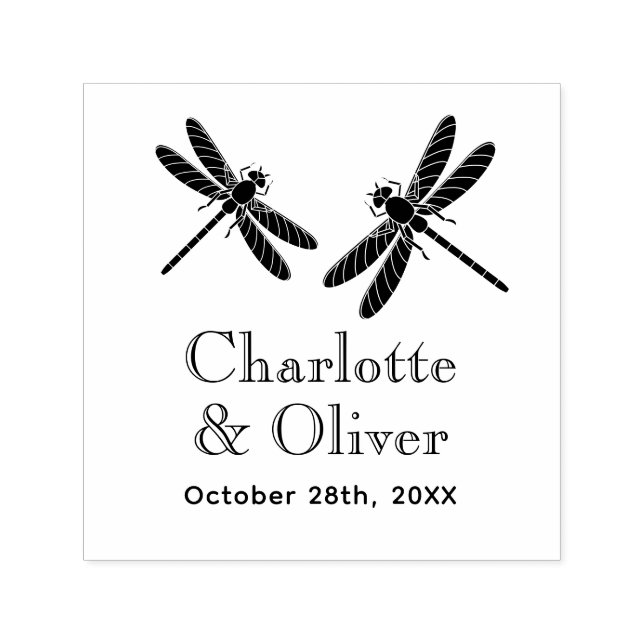 Elegant 2 Dragonflies Couple Names Date Monogram Permastempel (Design)