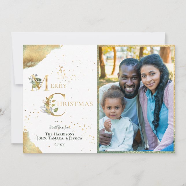 Elegant 2 Foto Gold Foil Blumen Frohe Weihnachten (Vorderseite)