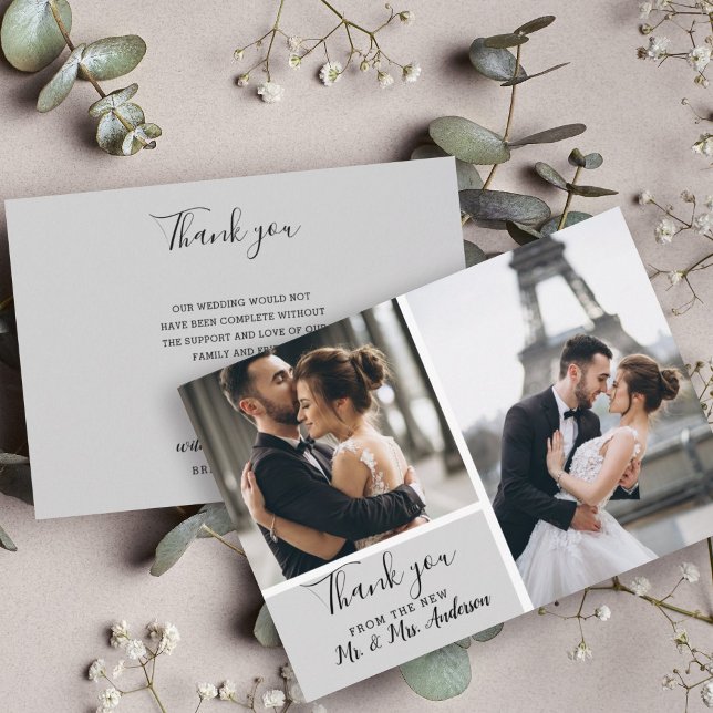 Elegant 2 Foto Gray Vielen Dank für Ihre Hochzeit Mitteilungskarte (Von Creator hochgeladen)