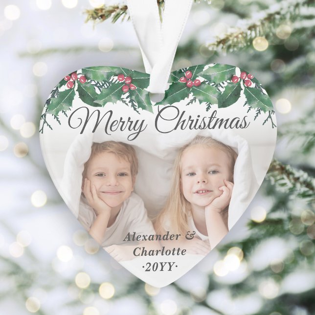 Elegant 2 Photo Holly Greenery Merry Christmas Ornament (Von Creator hochgeladen)