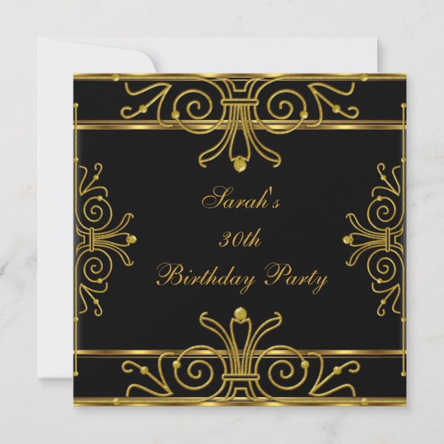 Elegant 30. Geburtstag Schwarzes Gold Einladung (Vorderseite)