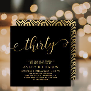 Elegant 30 Gold Script Black 30. Geburtstag Einladung