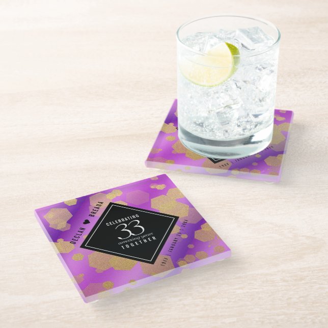 Elegant 33. Geburtstag von Amethyst Glasuntersetzer (Schrägansicht)