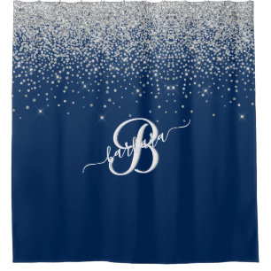 Elegant 3 Color Monogram Blue Silver Sparkle Duschvorhang