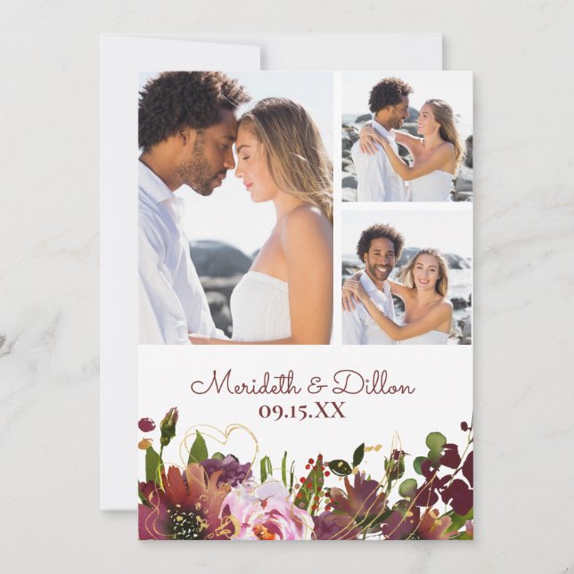 Elegant 3 Foto Burgundy Gold Blush Pink Floral Save The Date (Vorderseite)