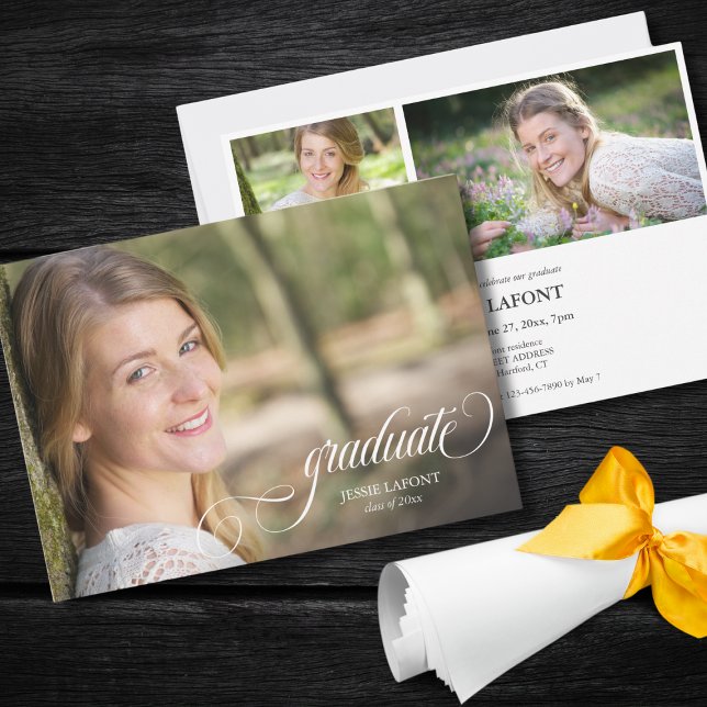 Elegant 3 Foto Calligraphy Abschluss Einladung (custom 3 photo graduation celebration party invitation with elegant script calligraphy)