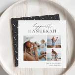 Elegant 3 Foto Collage Happiest Hanukkah Feiertagskarte<br><div class="desc">Freuen Sie sich auf diese modernen Hanukkah-Urlaubskarten mit 3 Ihrer Lieblingskarten (eine vertikale und zwei kleine horizontale oder landschaftlich orientierte). "Happiest Hanukkah" erscheint oben in der Hand mit Schriftzeichen und klassischen Serifenschriften. Personalisieren Sie mit Ihrem Familiennamen und dem Jahr unten rechts.</div>