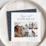 Elegant 3 Foto Collage Happiest Hanukkah Feiertagskarte<br><div class="desc">Freuen Sie sich auf diese modernen Hanukkah-Urlaubskarten mit 3 Ihrer Lieblingskarten (eine vertikale und zwei kleine horizontale oder landschaftlich orientierte). "Happiest Hanukkah" erscheint oben in der Hand mit Schriftzeichen und klassischen Serifenschriften. Personalisieren Sie mit Ihrem Familiennamen und dem Jahr unten rechts.</div>