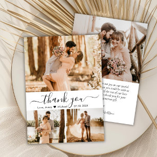 Elegant 3 Foto Collage Script Heart Wedding Dankeskarte
