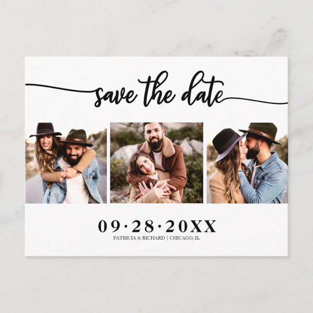 Elegant 3 Foto Collage Wedding Save the Date Postkarte (Vorderseite)