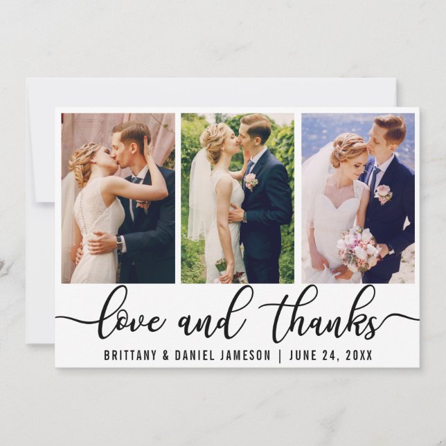 Elegant 3 Foto Hochzeit Liebe und Dank Dankeskarte (Vorderseite)