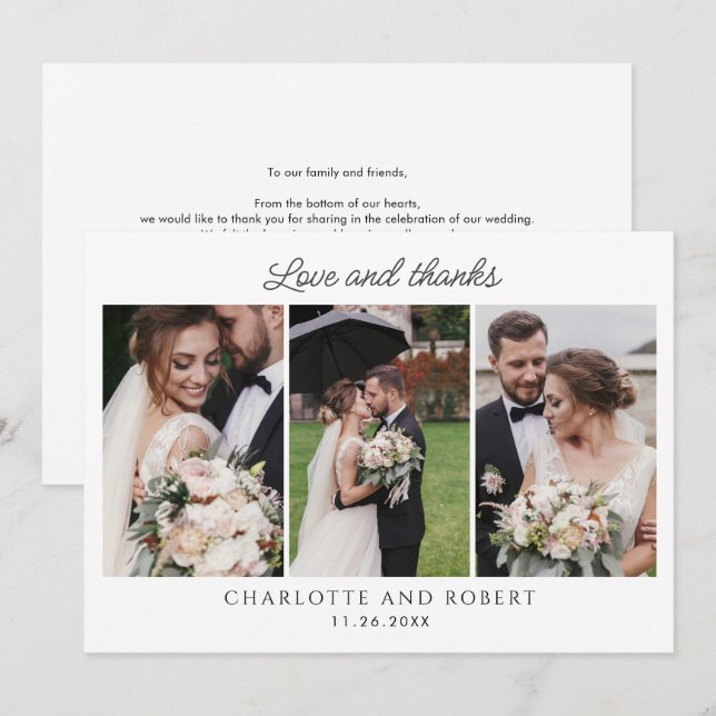 Elegant 3 Foto Wedding Dankeschön Card Mitteilungskarte (Vorne/Hinten)