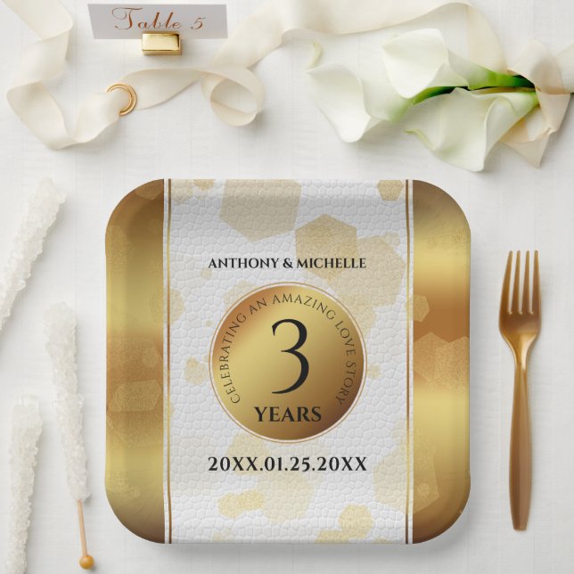 Elegant 3. Lederhochzeit Pappteller (Hochzeit)