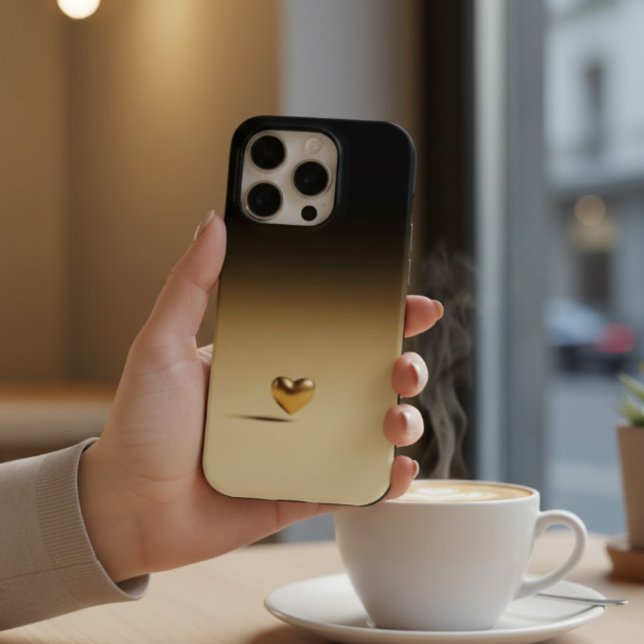 Elegant 3D Gold Heart Minimalist Black & Gold Grad iPhone 15 Pro Hülle (Von Creator hochgeladen)