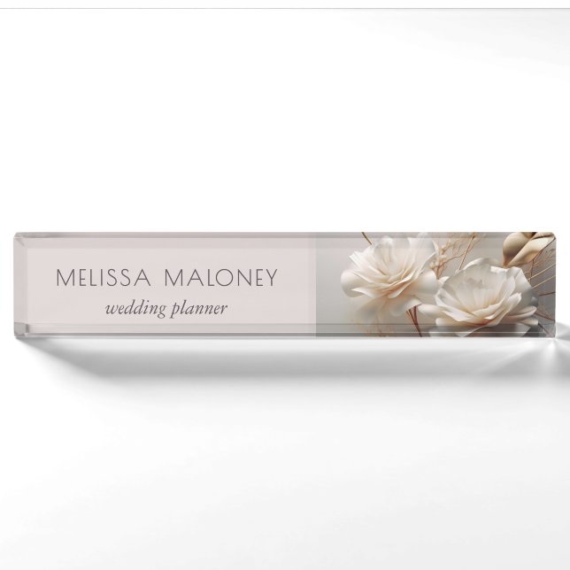 Elegant 3D White Gold Roses Namensplakette (Vorderseite)