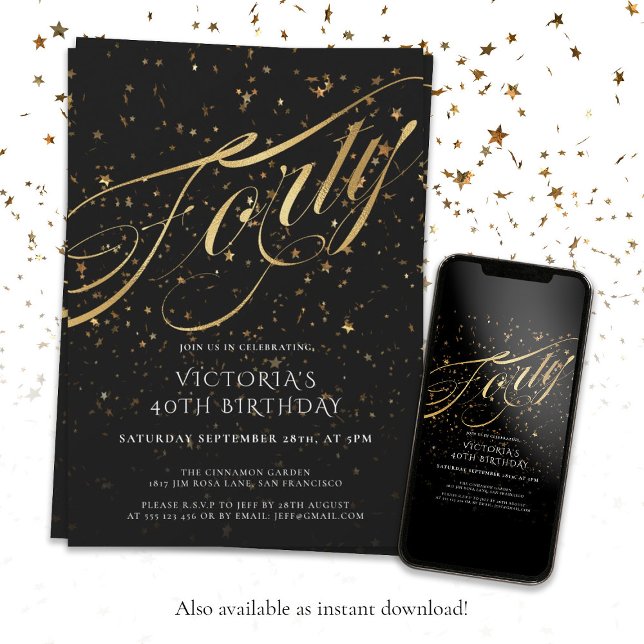 Elegant 40 Black Gold 40. Geburtstag Einladung (Gold Black Forty 40th Birthday Faux Foil Confetti Invitation)