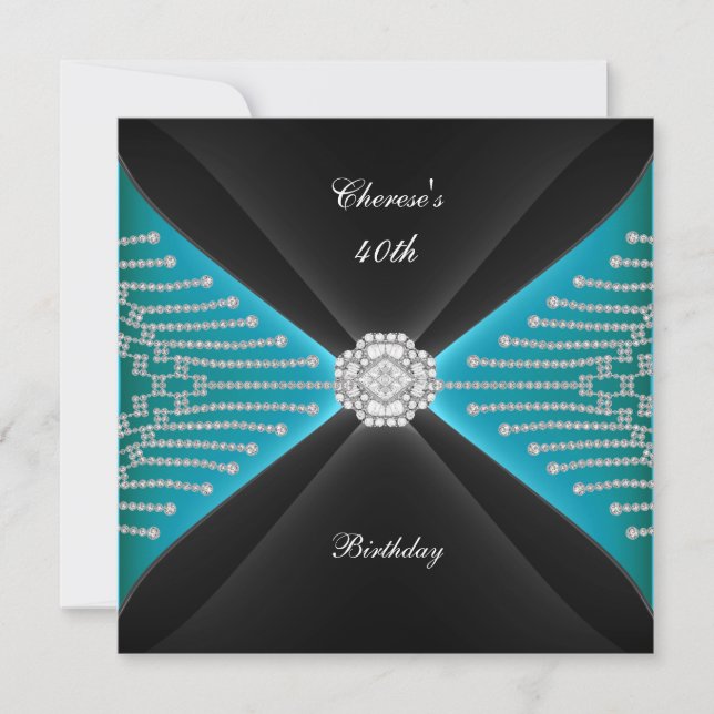 Elegant 40. Geburtstag Black Aquamarin Blue Diamon Einladung (Vorderseite)