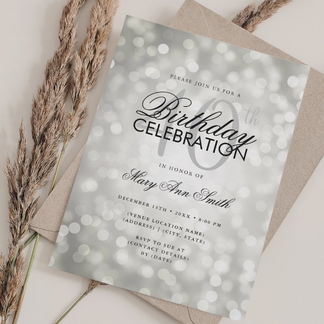 Elegant 40. Geburtstag Glam Silberschimmer Einladung (Elegant 40th Birthday Glam Silver Shimmer Lights Invitation)
