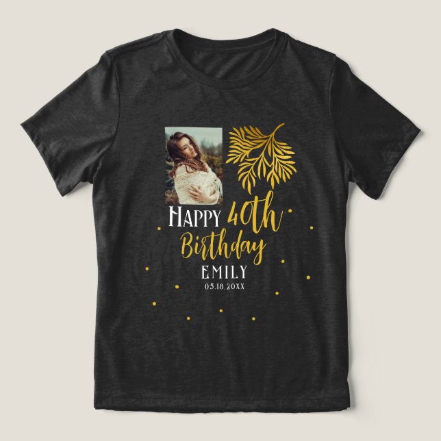 Elegant 40th Birthday Gold Foliage Photo Party Tri-Blend Shirt (Design Vorderseite)