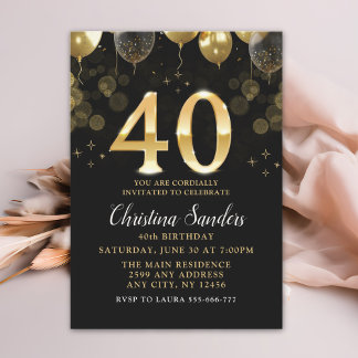Elegant 40th Birthday Invitation with Gold Ballons Einladung