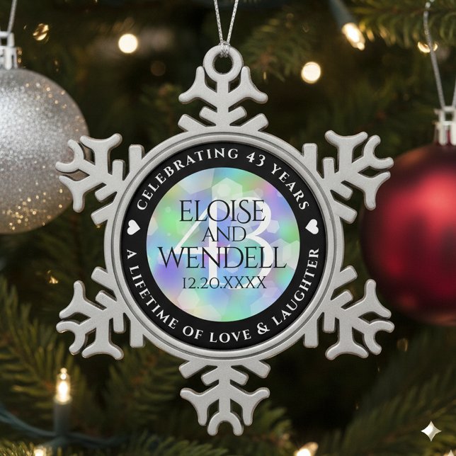 Elegant 43. Opal Hochzeitstag Schneeflocken Zinn-Ornament (43rd Opal Wedding Anniversary Snowflake Pewter Ornament Cover Photo)