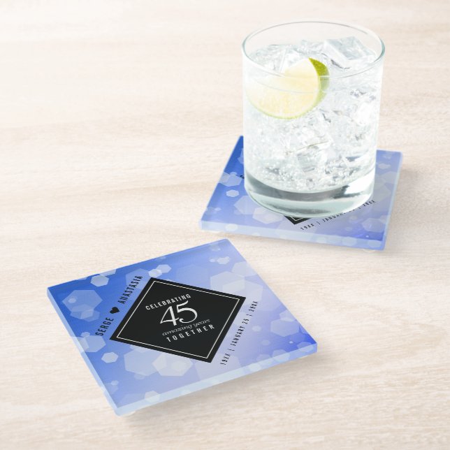 Elegant 45. Sapphire Hochzeit Jahrestag Glasuntersetzer (Schrägansicht)