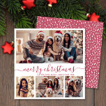 Elegant 4 Foto Collage Rotes Skript Schnee Weihnac Feiertagskarte<br><div class="desc">Minimalistisch Moderne Elegante Kalligrafie Weiß und Rot 4 Foto Collage Frohe Weihnachtskalligrafie Script Holiday Card. Dieses festliche, mimimalistische, whimsical vier (4) Foto Urlaubskarte Vorlage verfügt über eine hübsche Foto Collage und sagt "Frohe Weihnachten"! Der "Frohe Weihnachten"-Grußtext ist in einem wunderschönen, handgeschriebenen Wirblen Swash-Schwanz Schriftart in Rot und Weiß geschrieben. Auf...</div>