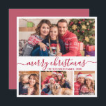 Elegant 4 Foto Collage Rotes Skript Weihnachten<br><div class="desc">Moderne Minimalistische Elegant White and Red "Merry Christmas" Script 4 Foto Collage Holiday Card. Diese festliche, skurrile Mimimalistin, vier (4) Foto-Urlaubskarte Vorlage zeigt eine hübsche Foto-Collage und sagt "Frohe Weihnachten"! Der "Frohe Weihnachten"-Grußtext ist in einer schönen Hand geschrieben, Wirble Swash-Schwanz-Schriftart-Typ Kalligraphie oder Typografie in rot weiß. Auf der Rückseite mit...</div>