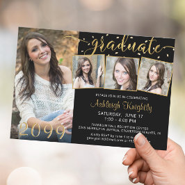 Elegant 4 Foto Graduate Black Gold Confetti Einladung