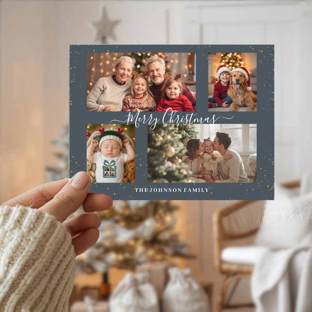 Elegant 4 Photo Christmas Card Feiertagspostkarte (Von Creator hochgeladen)