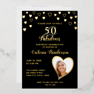 Elegant 50 & fabelhaft Solid Black & Gold Geburtst Folieneinladung