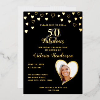 Elegant 50 & fabelhaft Solid Black & Gold Geburtst Folieneinladung