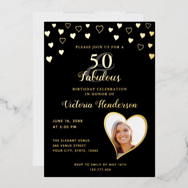Elegant 50 & fabelhaft Solid Black & Gold Geburtst Folieneinladung (Briefumschlag)