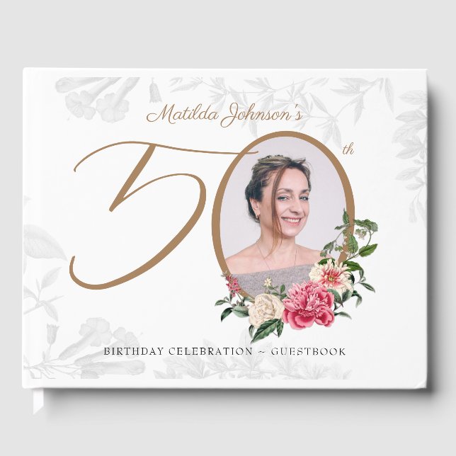 Elegant 50. Geburtstag florale botanische Sitte Gästebuch (Vorderseite)