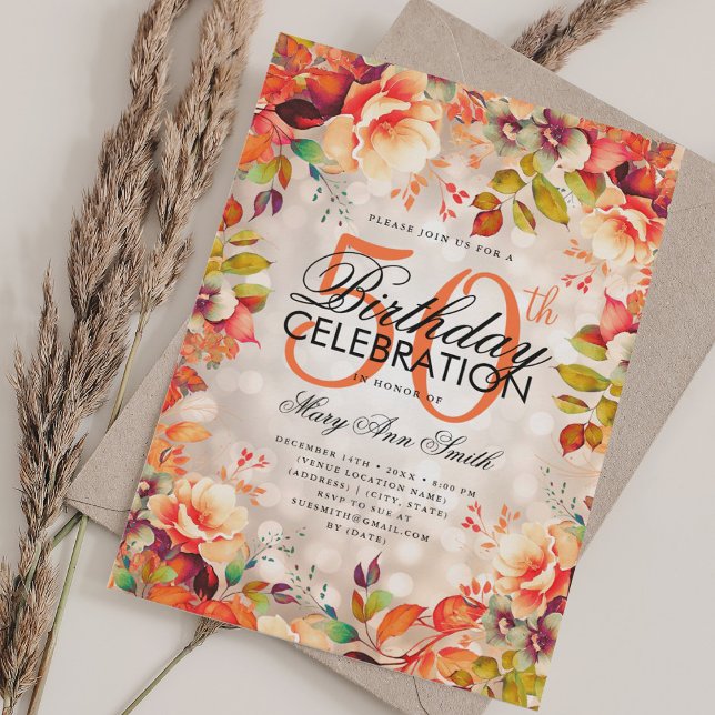 Elegant 50. Geburtstag Kupfer Herbst Herbst Blüte Einladung (Elegant 50th Birthday Copper Fall Autumn Floral Invitation)