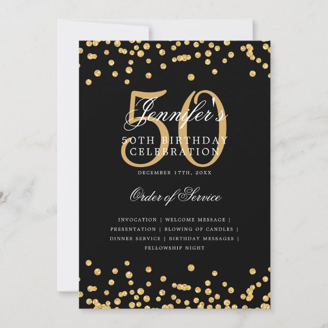 Elegant 50. Geburtstag Programm Menü Gold Black (Vorderseite)