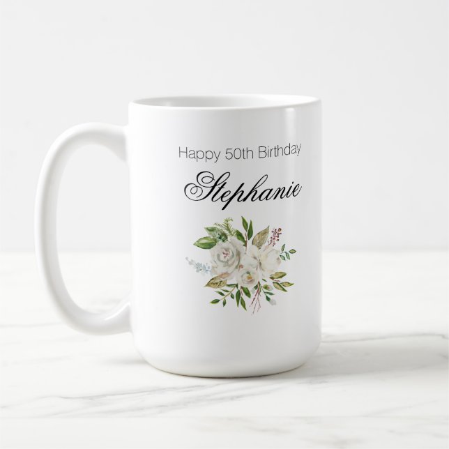 Elegant 50. Geburtstag White Floral Script Kaffeetasse (Links)