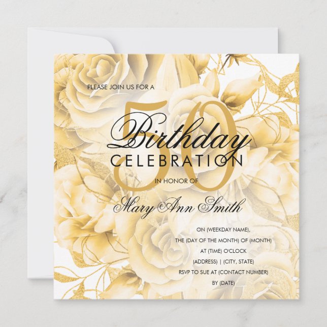 Elegant 50. Geburtstagsparty Floral Gold (Vorderseite)