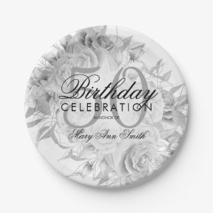 Elegant 50. Geburtstagsparty Floral Silver White Pappteller