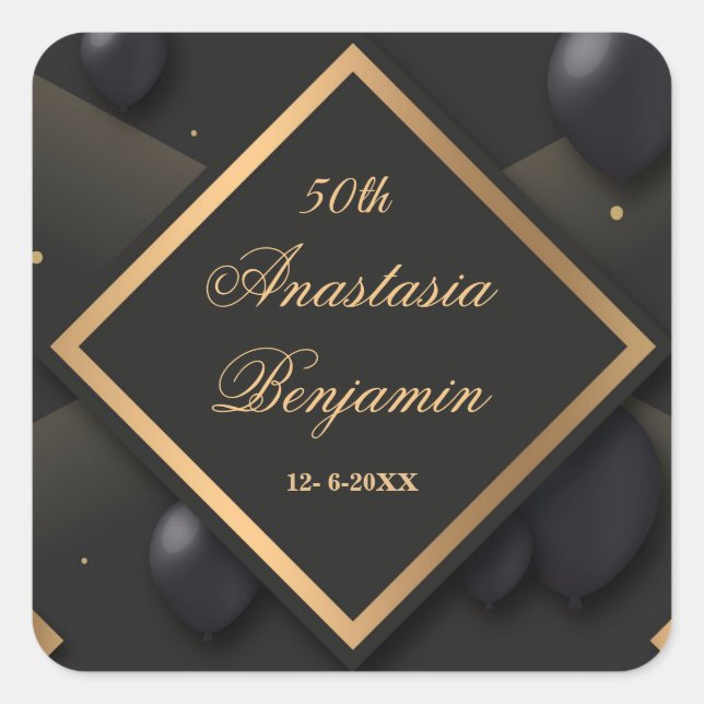 Elegant 50. Gold Black Happy Birthday Modern Quadratischer Aufkleber (Vorderseite)