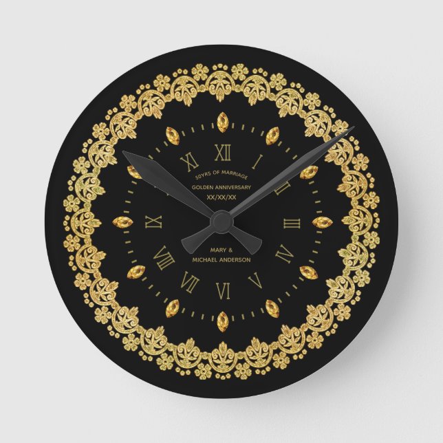 Elegant 50. Goldenes Jubiläum Black Gold Custom Runde Wanduhr (Vorderseite)