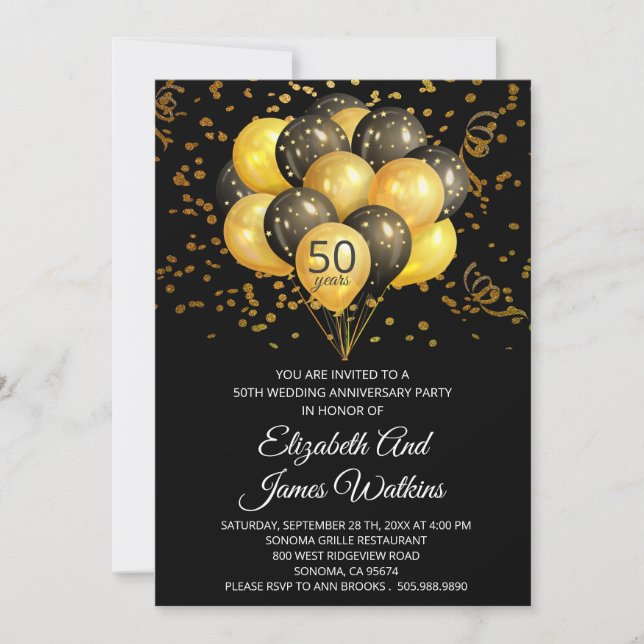 Elegant 50. Hochzeit Jubiläum Gold und Black Einladung (Vorderseite)