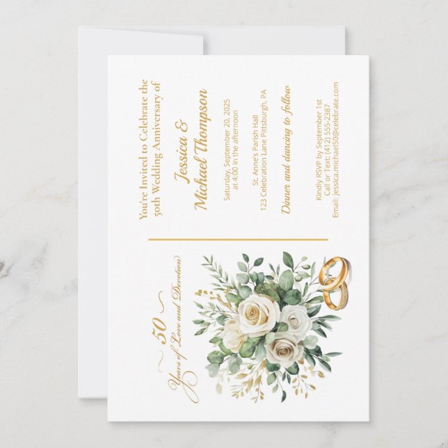 Elegant 50 Jahre Jubiläum White Roses Gold Rings Einladung (Vorderseite)
