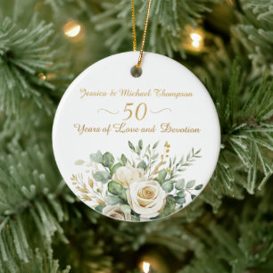 Elegant 50 Jahre Jubiläum White Roses Gold Rings Keramik Ornament