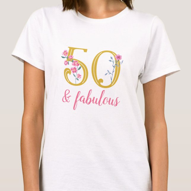 Elegant 50 und fabelhaft Gold und Rosa Blütenblätt T-Shirt (50 and fabulous t-shirt, 50th birthday gift for friend, fifty and fabulous, pink and gold floral)