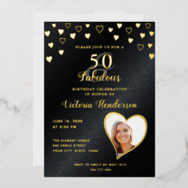 Elegant 50 und fabelhaft Schwarz und Gold Geburtst Folieneinladung